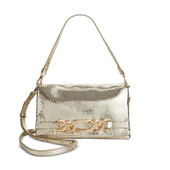 INC Ninah snake texture clutch shoulder crossbody bag - Metallic Gold (Used) - Picture 1 of 13